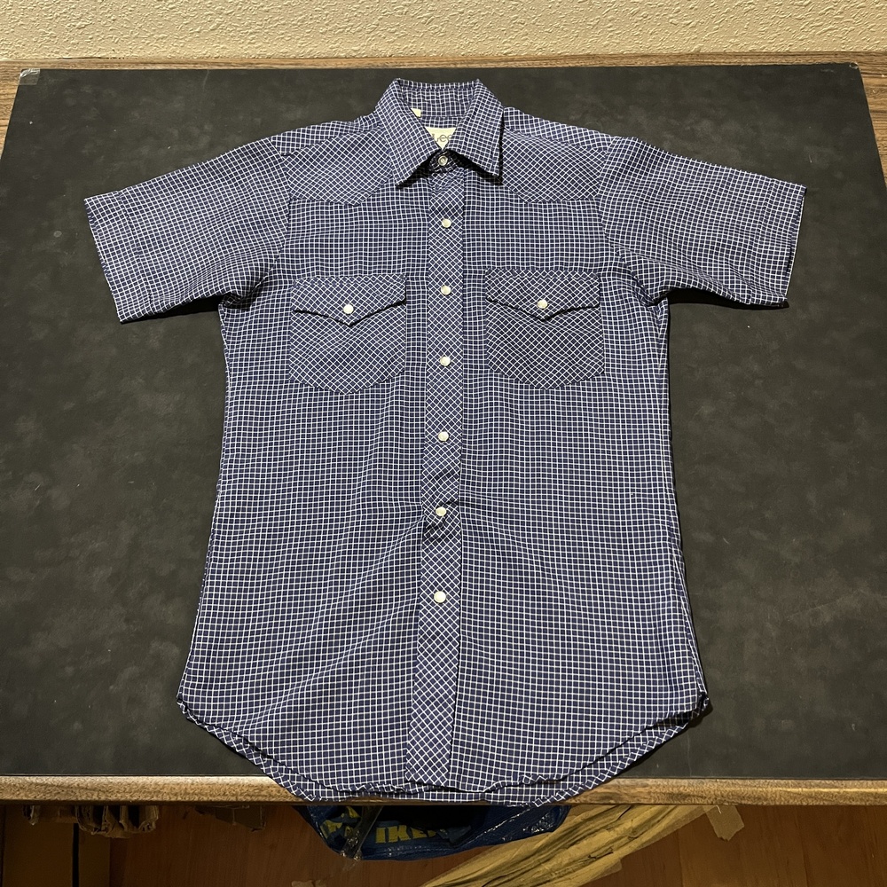 Lee Western Shirt Mens Small Blue 1960s Check Pearl Snap Extra Long Tails USA